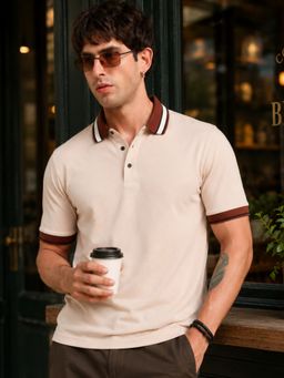 MANIAC - Mens Beige Solid Half Sleeve Polo T-Shirt