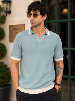 MANIAC - Men Textured Half Sleeve Blue Polo T-Shirt