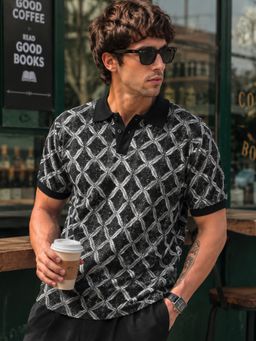 MANIAC - Men Textured Half Sleeve Black Polo T-Shirt