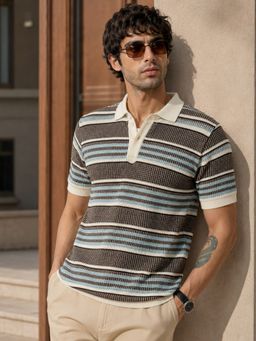 MANIAC - Men Stripes Textured Half Sleeve Polo T-Shirt