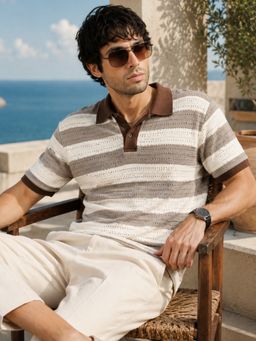MANIAC - Men Stripes Textured Half Sleeve Polo T-Shirt