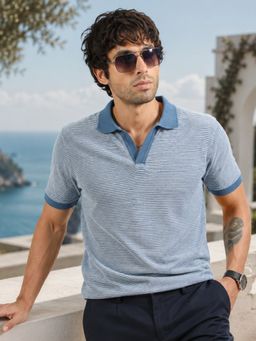 MANIAC - Mens Stripes Half Sleeve Blue Polo T-Shirt