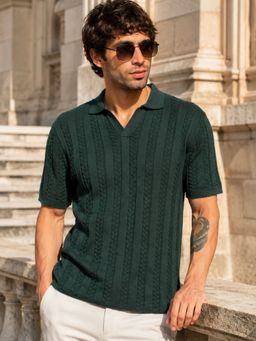 MANIAC - Men Textured Half Sleeve Green Polo T-Shirt