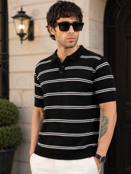 MANIAC - Men Striped Half Sleeve Black Polo T-Shirt