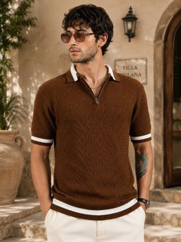 MANIAC - Mens Textured Half Sleeve Brown Polo T-Shirt