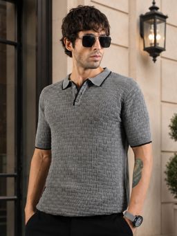 MANIAC - Men Textured Half Sleeve Grey Polo T-Shirt