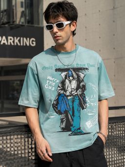 MANIAC - Men Streevogue Printed Round Neck Half Sleeve Green T-Shirt