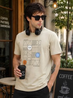 MANIAC - Men Beige Printed Round Neck T-Shirt