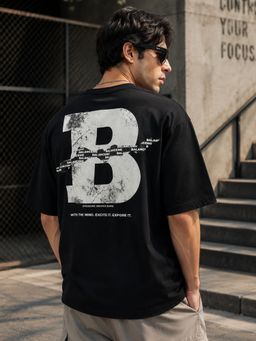 MANIAC - Men B Printed Round Neck Half Sleeve Black And Cream Cotton T-Shirt