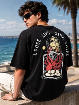 MANIAC - Men Octopus Printed Round Neck Black T-Shirt