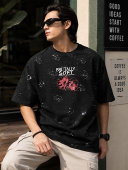 MANIAC - Men Washed Round Neck Black T-Shirt
