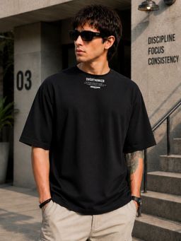 MANIAC - Men Overthinker Typography Printed Round Neck Black T-Shirt