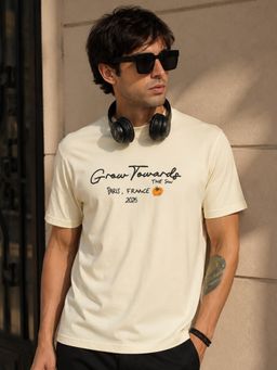 MANIAC - Men Printed Round Neck Cream T-Shirt