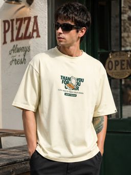 MANIAC - Men Pizza Box Printed Round Neck Cream T-Shirt