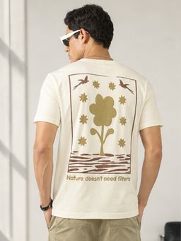 MANIAC - Men Printed Round Neck Cream T-Shirt