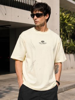 MANIAC - Men Solid Round Neck Cream T-Shirt