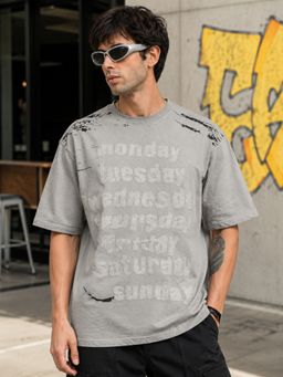 MANIAC - Men Typography Printed Round Neck Grey T-Shirt