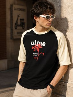 MANIAC - Men Printed Round Neck Raglan Sleeve Black T-Shirt