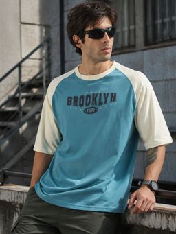 MANIAC - Men Printed Round Neck Raglan Sleeve Blue T-Shirt