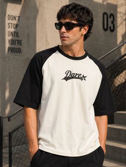 MANIAC - Men Bubblegum Printed Round Neck Raglan Sleeve Cream T-Shirt