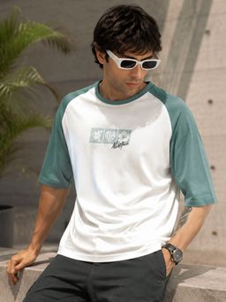 MANIAC - Men Printed Round Neck Raglan Sleeve White T-Shirt