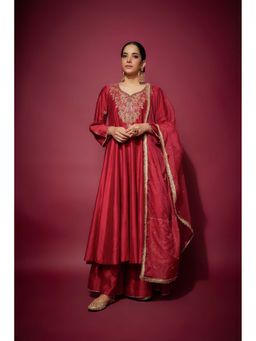 THE AARYA - Red Athira Embellished Anarkali with Palazzo and Dupatta (Set of 3)