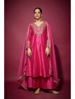 THE AARYA - Pink Hana Embellished A-Line Kurta with Palazzo and Dupatta (Set of 3)