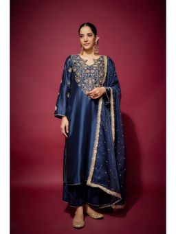 THE AARYA - Navy Blue Firdaws Embellished Kurta with Palazzo and Dupatta (Set of 3)