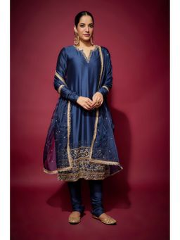 THE AARYA - Navy Blue Adena Embellished Kurta with Churidar and Dupatta (Set of 3)