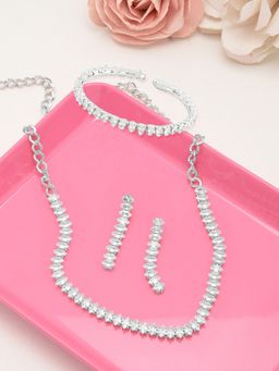 Zaveri Pearls - Silver Tone Marquise Cubic Zirconia Necklace Earring and Bracelet Set-ZPFK12585