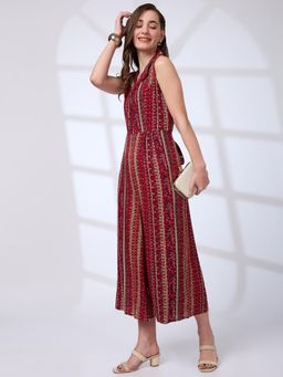 Globus - Women's Maroon Floral Printed Waist Tie-Ups Jumpsuit