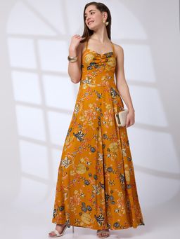 Globus - Women's Yellow Floral Print Flared Hem Jumpsuit