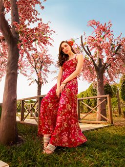 Globus - Women's Pink Floral Print Ruched Fusion Jumpsuit