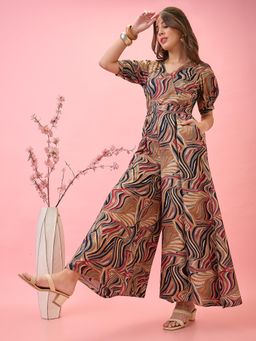 Globus - Women's Multi-Colour Abstract Print Fusion Jumpsuit with Belt (Set of 2)