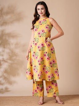 FASHOR - Abstract Floral Printed A-Line Kurta with Palazzo - Yellow (Set of 2)