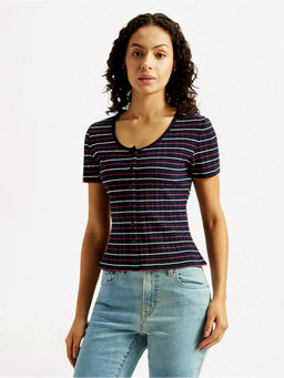 Levi's - Women's Striped Navy Blue Scoop Neck Top