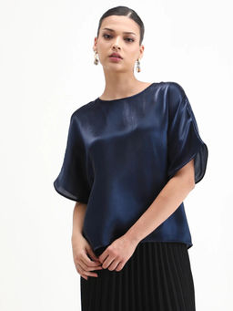 RAREISM - Women Avili Navy Blue Button Closure Boxy Fit Plain Top