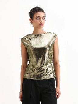 RAREISM - Women Aviptus Gold Boat Neck Pull On Closure Fitted Plain Top
