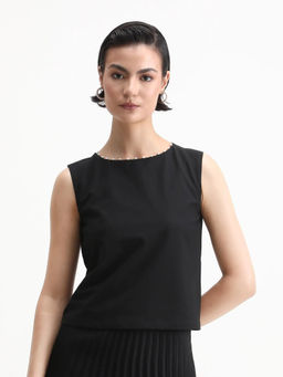 RAREISM - Women Avisa Black Boat Neck Button Closure Boxy Fit Plain Top