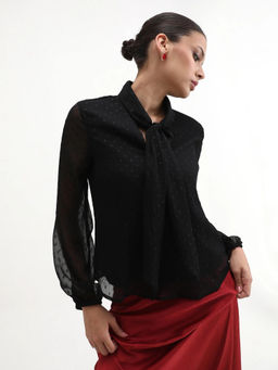 RAREISM - Women Avix Black Tie-Up Neck Tie Up Closure Self Design Top