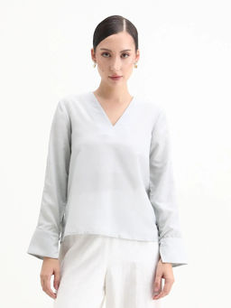 RAREISM - Women Elapo Grey Cuffed Sleeve V-Neck Plain Top