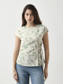 RAREISM - Women Eligh Light Green Round Neck Button Closure Printed Top