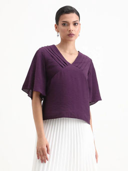 RAREISM - Women Elloy Purple Polyester Half Sleeves V-Neck Plain Top
