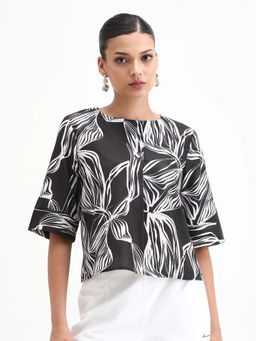 RAREISM - Women Eloff-T Black Half Sleeves Round Neck Abstract Print Top