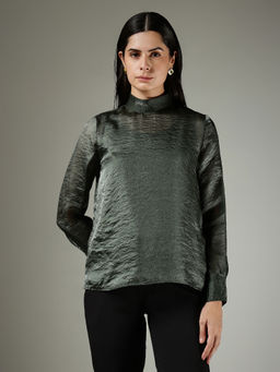 FableStreet - Silk High Neck Top - Green
