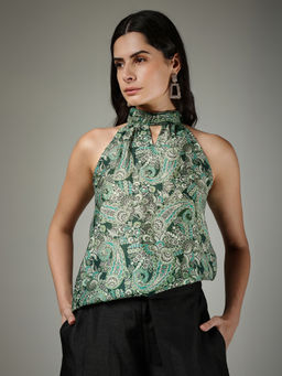 FableStreet - Paisley Halter Neck Top - Green