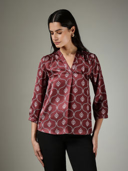 FableStreet - Satin V-Neck Indian Motif Top - Maroon