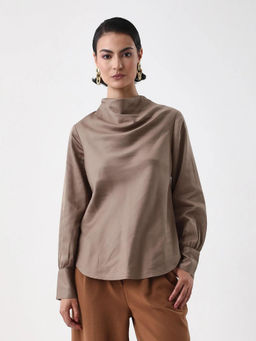 RAREISM - Women Nujuno Beige Cowl Neck Button Closure Plain Top