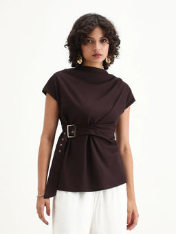 RAREISM - Women Nusero Brown High Neck Zipper Closure Plain Top