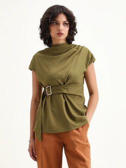 RAREISM - Women Nusero Olive High Neck Zipper Closure Plain Top